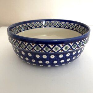 Polish Pottery Boleslawiec Serving Vegetable Bowl Blue BOW 11 Dots Diamonds 7.5”